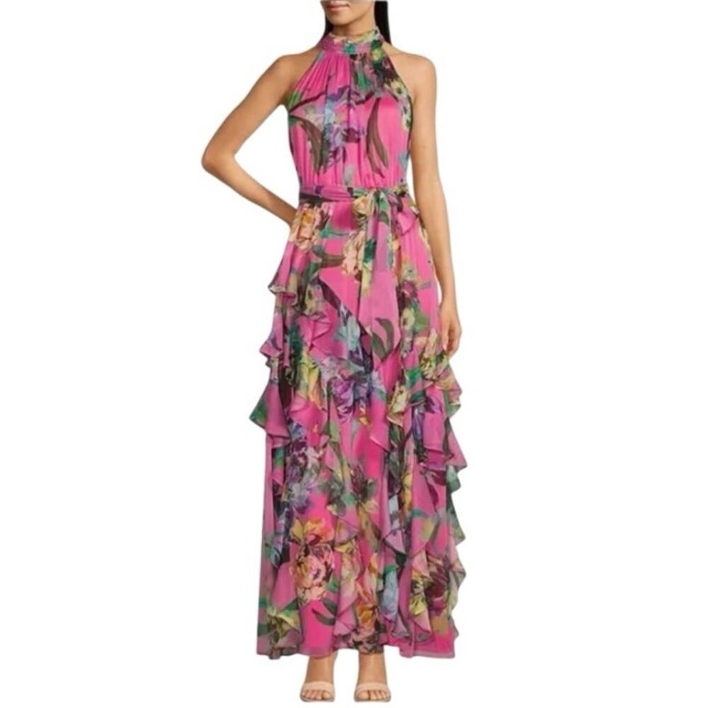 Alex Marie Fiona Halter Neck Tie Back Floral Chiffon A-Line Maxi Dress 14 - Picture 3 of 5